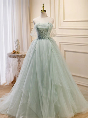 Off the Shoulder Green Tulle Long Prom Dresses, Green Off Shoulder Long Formal Evening Dresses