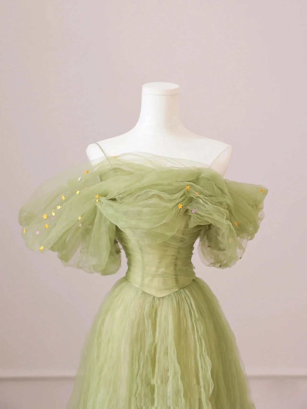 Off the Shoulder Green Tulle Long Prom Dresses, Green Tulle Long Forma - shegown Off the Shoulder Green Tulle Long Prom Dresses, Green Tulle Long Forma - shegown