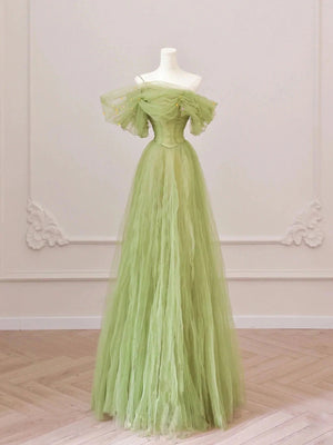 Off the Shoulder Green Tulle Long Prom Dresses, Green Tulle Long Formal Evening Dresses