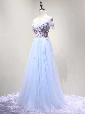 Off the Shoulder Light Blue Floral Long Prom Dresses, Off Shoulder Light Blue Formal Evening Dresses