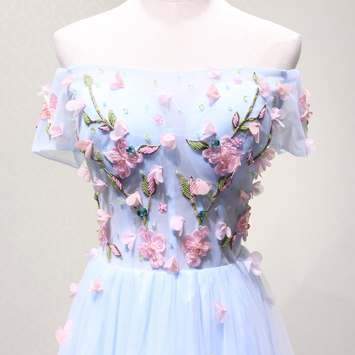 Off the Shoulder Light Blue Floral Long Prom Dresses, Off Shoulder Lig