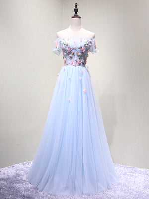 Off the Shoulder Light Blue Floral Long Prom Dresses, Off Shoulder Light Blue Formal Evening Dresses