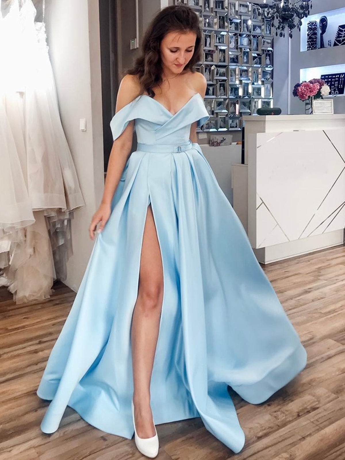 Baby Blue Off-Shoulder Evening Gown | Satin Slim Fit Dress