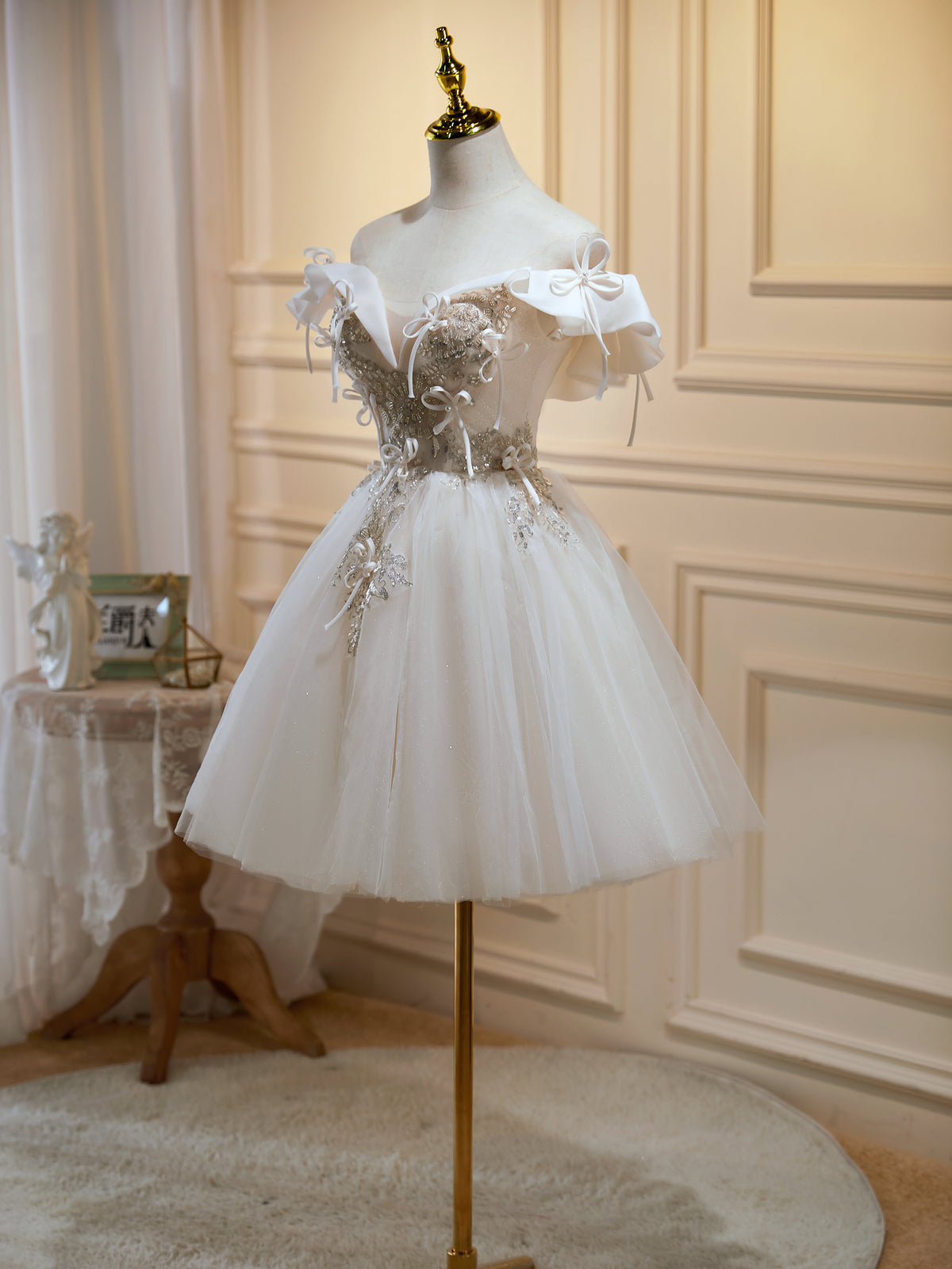Off the Shoulder Light Champagne Floral Prom Dresses, Short Champagne - shegown Off the Shoulder Light Champagne Floral Prom Dresses, Short Champagne - shegown