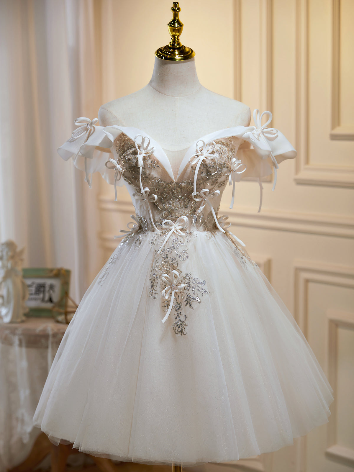 Off the Shoulder Light Champagne Floral Prom Dresses, Short Champagne - shegown Off the Shoulder Light Champagne Floral Prom Dresses, Short Champagne - shegown