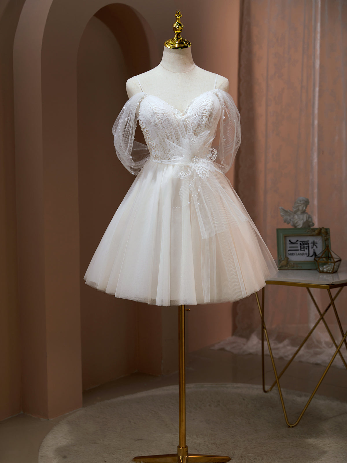 Off the Shoulder Champagne Tulle Prom Dress, Short Formal Homecoming D - shegown Off the Shoulder Champagne Tulle Prom Dress, Short Formal Homecoming D - shegown