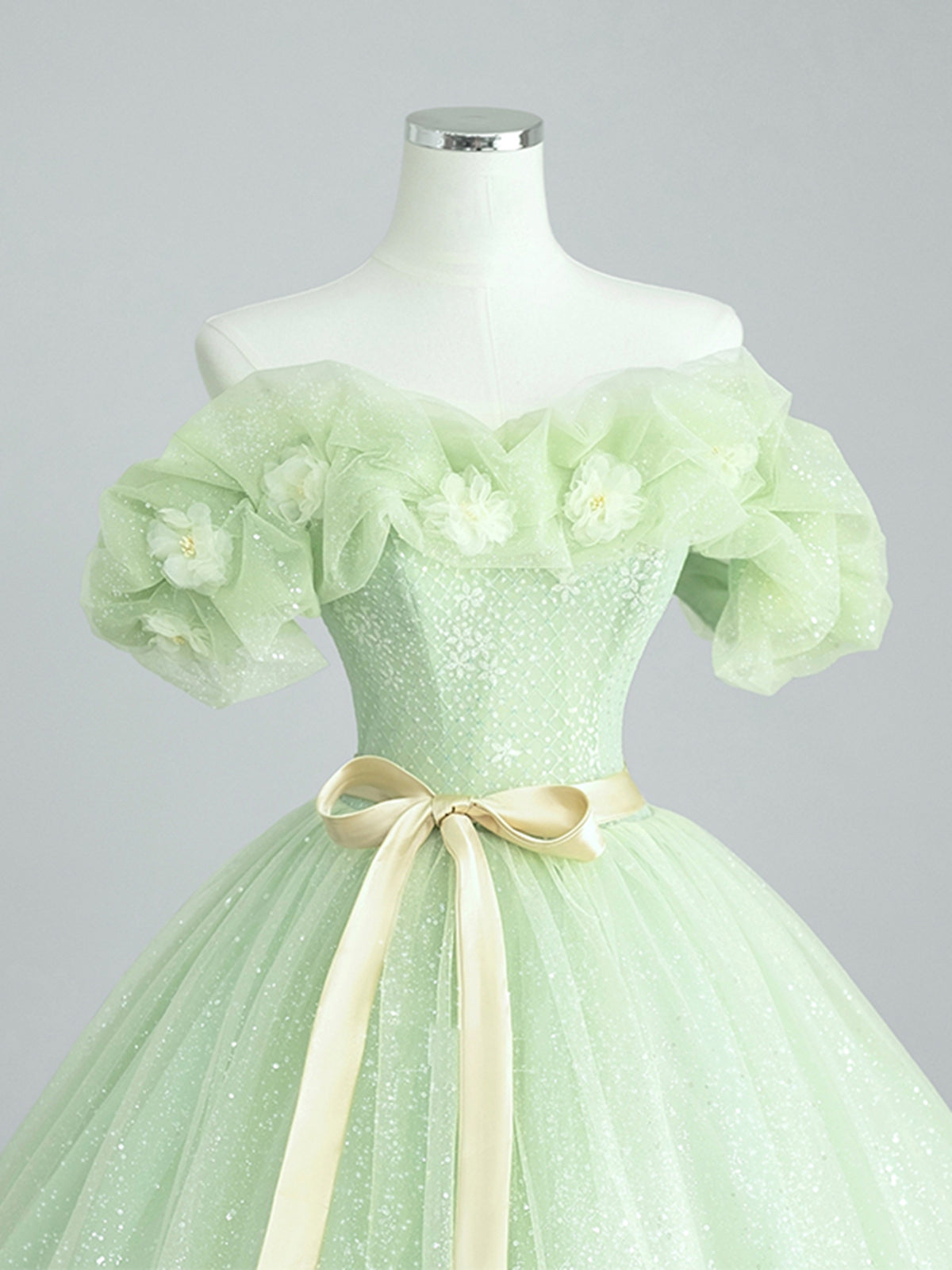 Off the Shoulder Light Green Floral Prom Dresses, Green Floral Formal