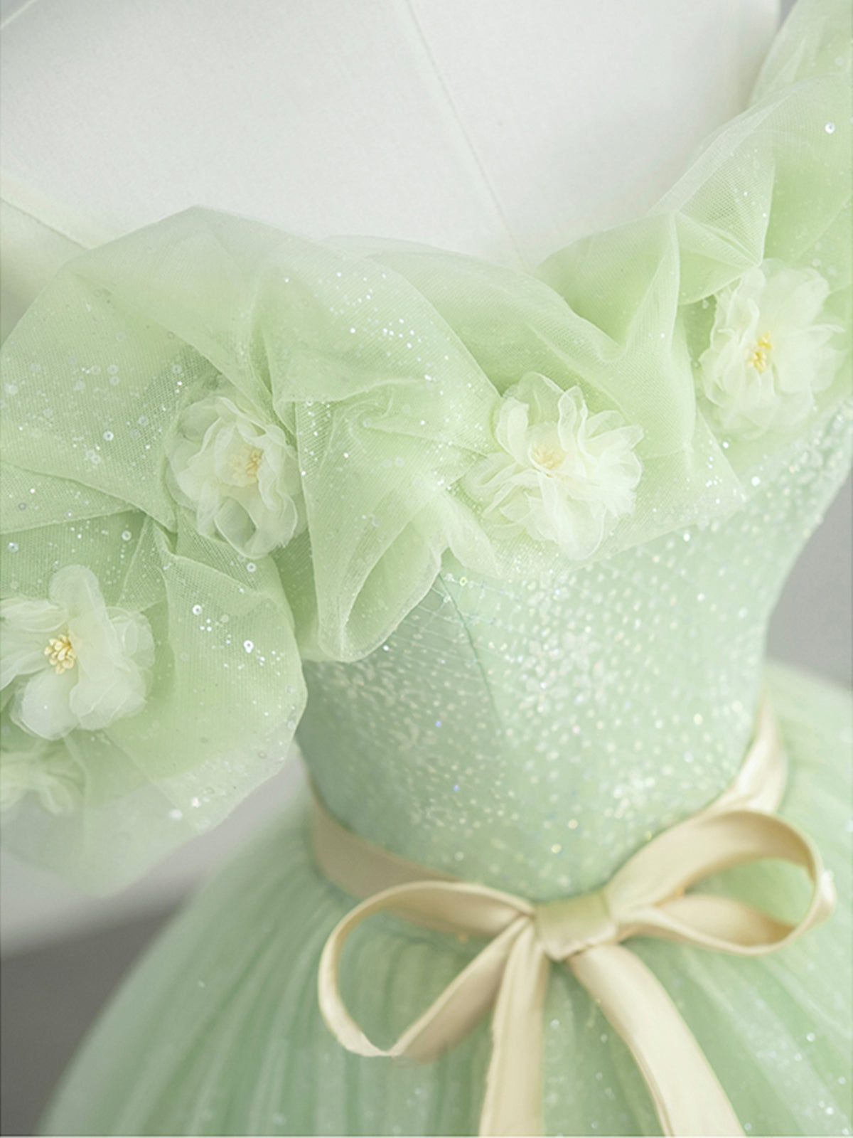 Off the Shoulder Light Green Floral Prom Dresses, Green Floral Formal - shegown Off the Shoulder Light Green Floral Prom Dresses, Green Floral Formal - shegown