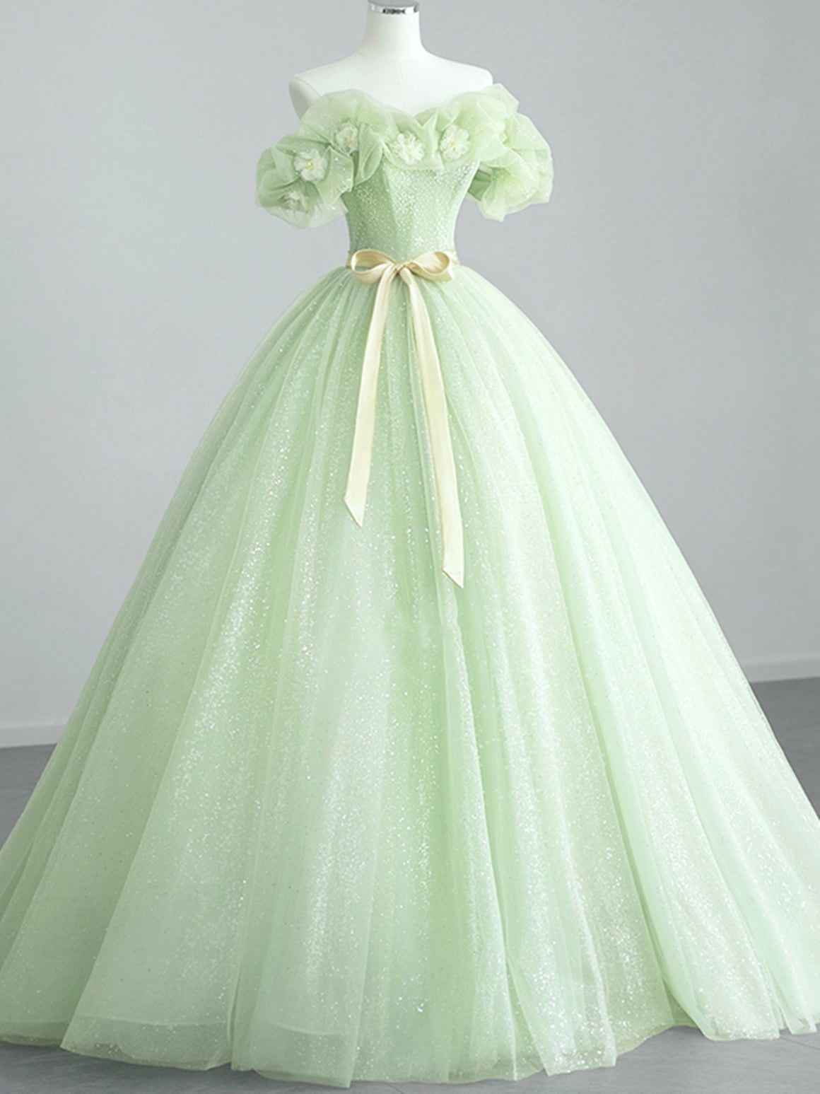 Off the Shoulder Light Green Floral Prom Dresses, Green Floral Formal Graduation Dress