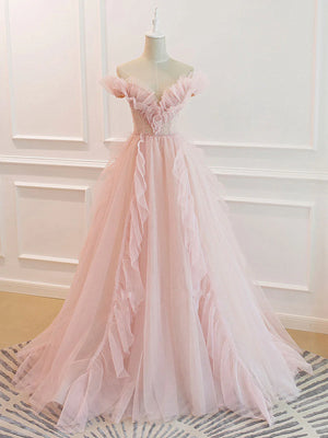 Off the Shoulder Pink Tulle Beaded Long Prom Dresses, Off Shoulder Pink Tulle Long Formal Evening Dresses