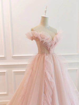 Off the Shoulder Pink Tulle Beaded Long Prom Dresses, Off Shoulder Pink Tulle Long Formal Evening Dresses