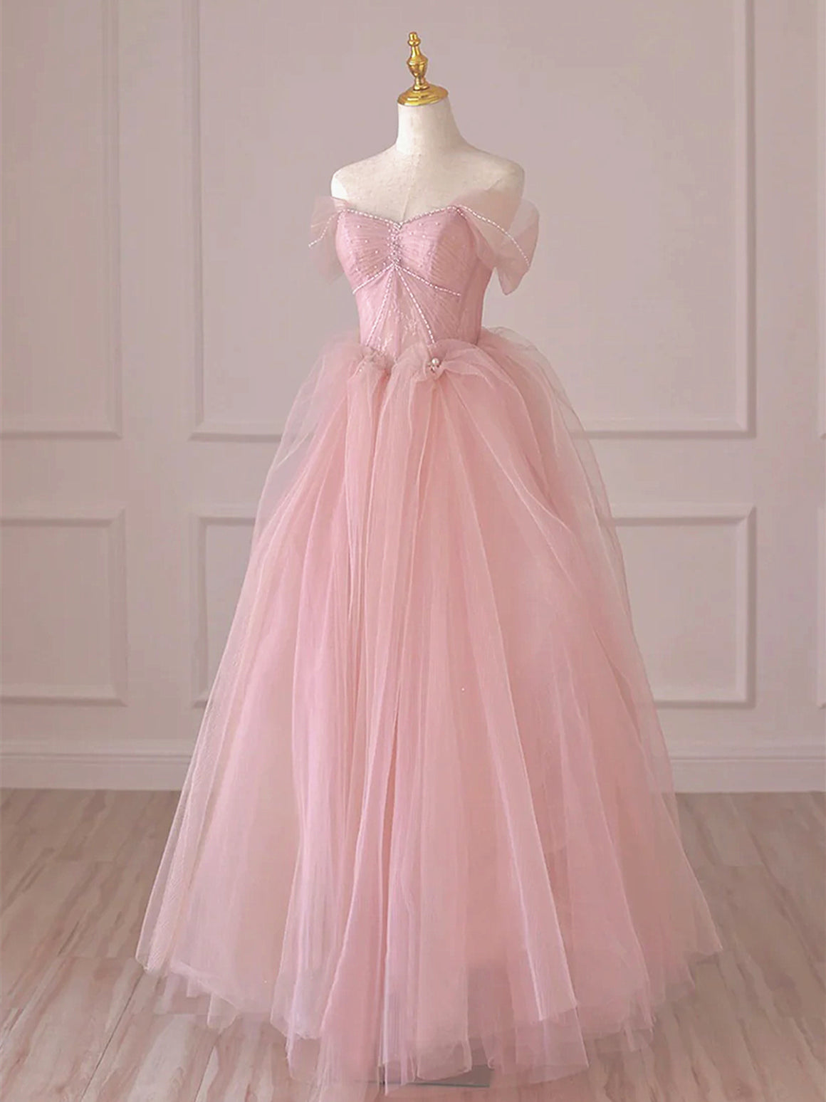Off the Shoulder Pink Tulle Long Prom Dresses, Pink Tulle Long Formal Evening Dresses