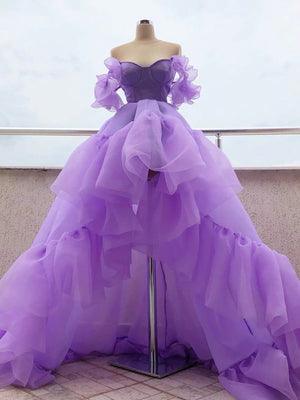 Off the Shoulder Purple High Low Prom Dresses, High Low Purple Formal Graduation Dresses