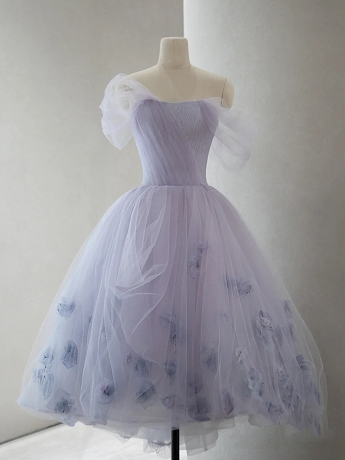 High Low Puffy Sleeves Tulle Purple Prom Dress High Low Puffy Sleeves Tulle Purple Prom Dress