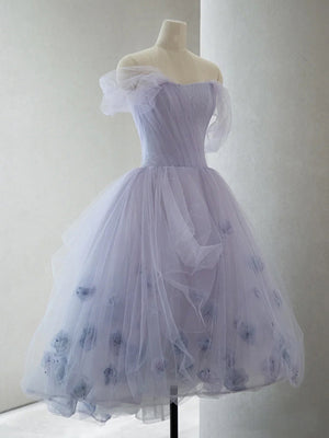 Off the Shoulder Purple High Low Tulle Prom Dresses, High Low Purple Tulle Formal Graduation Dresses