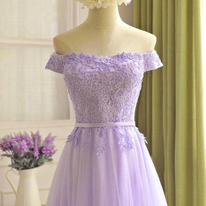 Off the Shoulder Purple Lace Prom Dresses, Purple Off Shoulder Lace Formal Bridesmaid Dresses