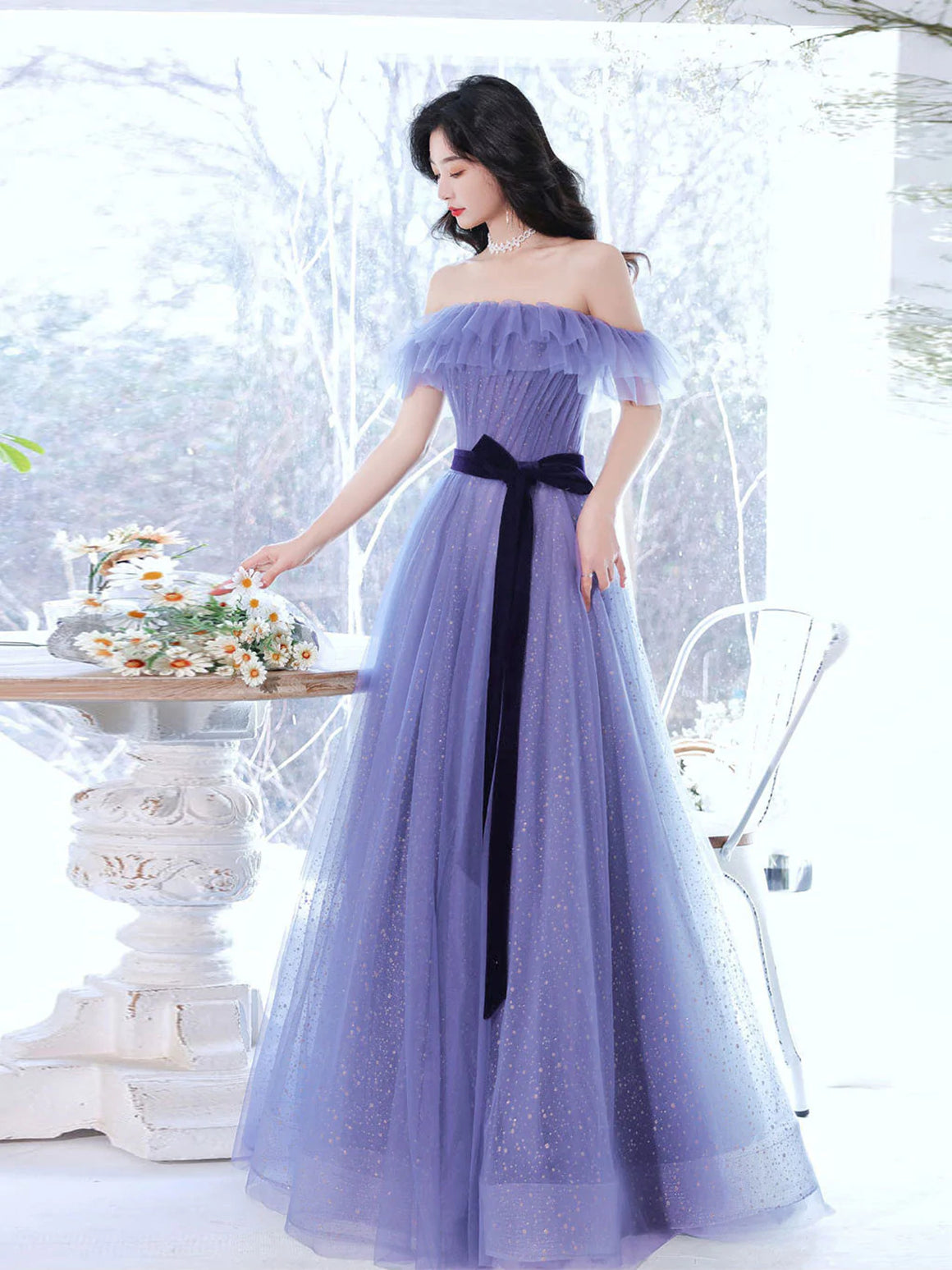 Off the Shoulder Purple Long Prom Dresses, Shiny Off Shoulder Purple Long Formal Evening Dresses