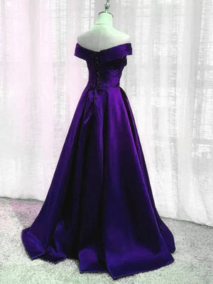 Off the Shoulder Purple Satin Long Prom Dresses, Off Shoulder Long Purple Formal Graduation Dresses