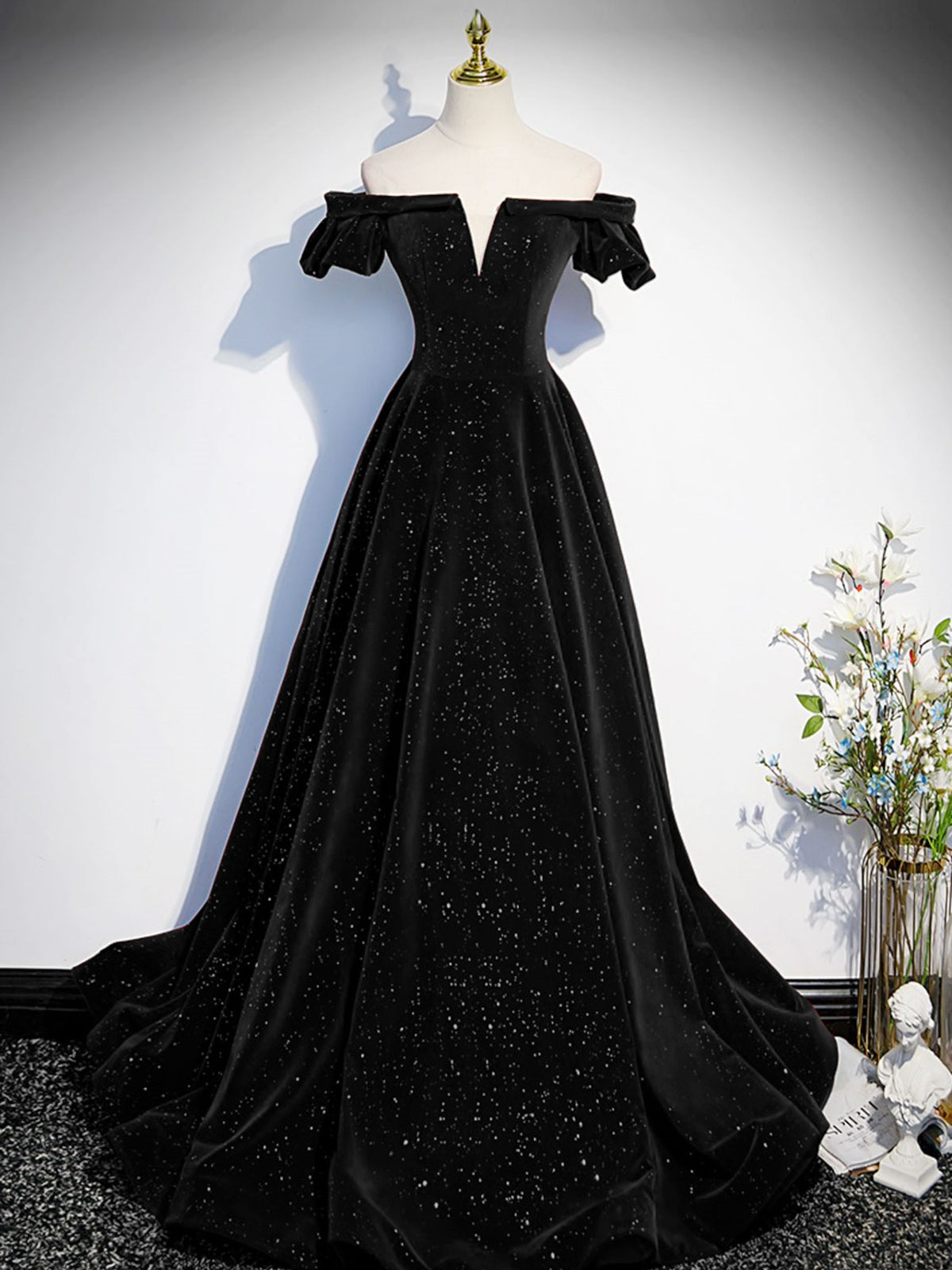 Off the Shoulder Shiny Green Black Long Prom Dresses, Green Black Long - shegown Off the Shoulder Shiny Green Black Long Prom Dresses, Green Black Long - shegown
