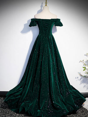 Off the Shoulder Shiny Green Black Long Prom Dresses, Off Shoulder Green Black Long Formal Evening Dresses