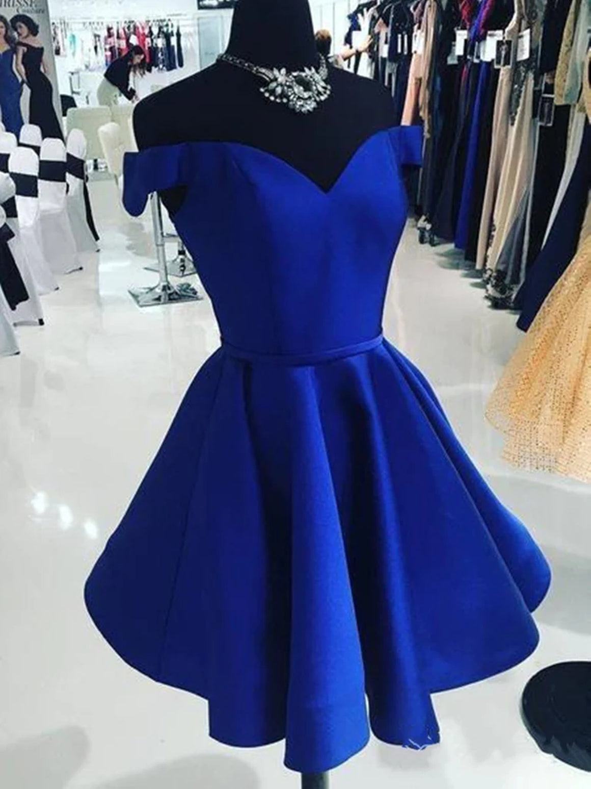 Off the Shoulder Short Blue Prom Dresses, Off Shoulder Short Blue Formal Homecoming Dresses