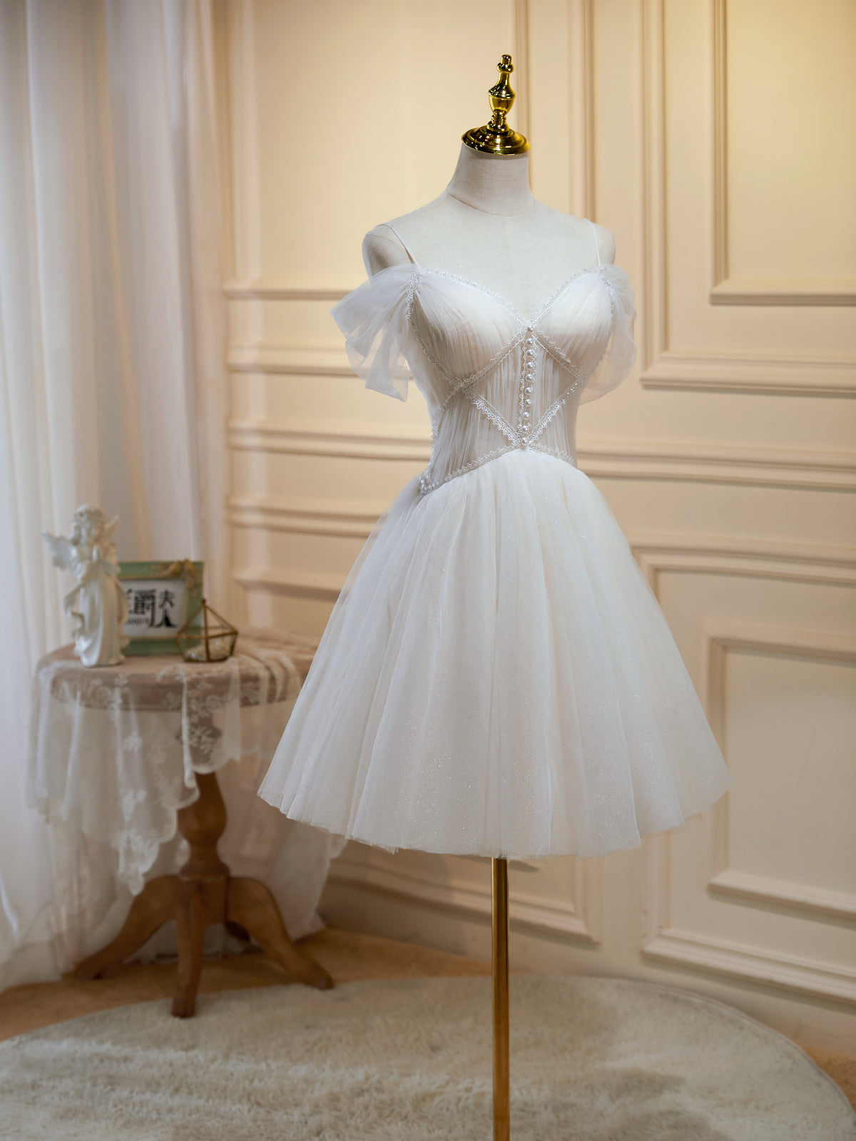 Off the Shoulder Short Champagne Tulle Prom Dresses, Short Formal Homecoming Dress, US 4 / Custom Color / No Rush