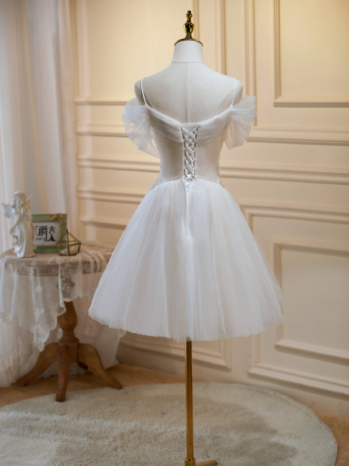 white christmas dresses Off the Shoulder Short Champagne Tulle Prom Dresses, Short Formal Homecoming Dress white christmas dresses Off the Shoulder Short Champagne Tulle Prom Dresses, Short Formal Homecoming Dress