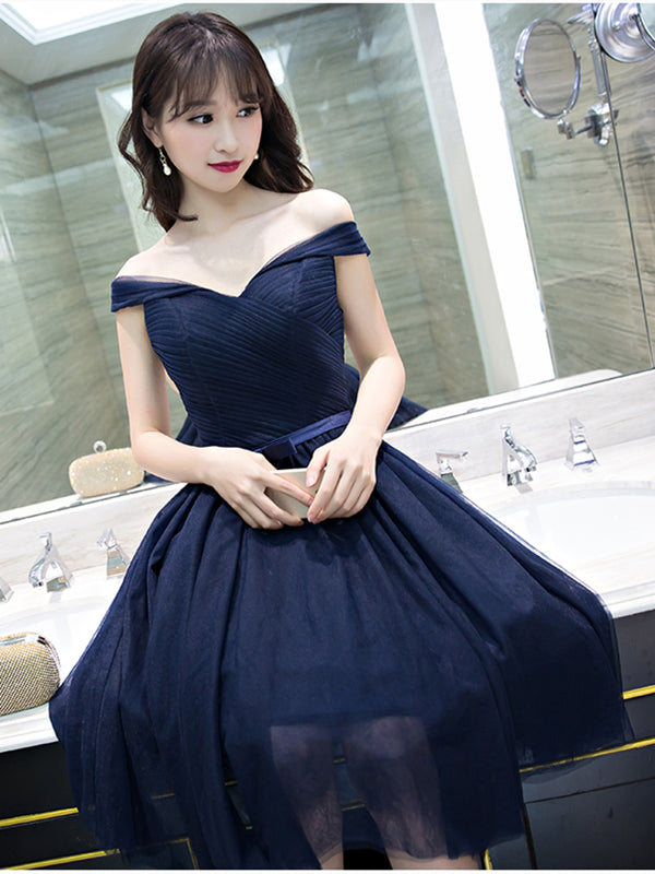 formal short navy blue dress Satin Off Shoulder Homecoming dress, SH550 this dress has got you covered Navy Blue V Neck Lace