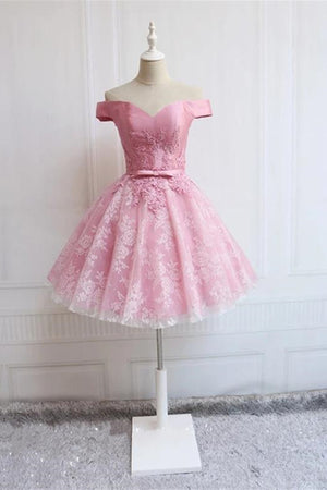 Off the Shoulder Short Pink Lace Prom Dresses, Short Pink Lace Graduation Homecoming Dresses