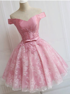 Off the Shoulder Short Pink Lace Prom Dresses, Short Pink Lace Graduation Homecoming Dresses
