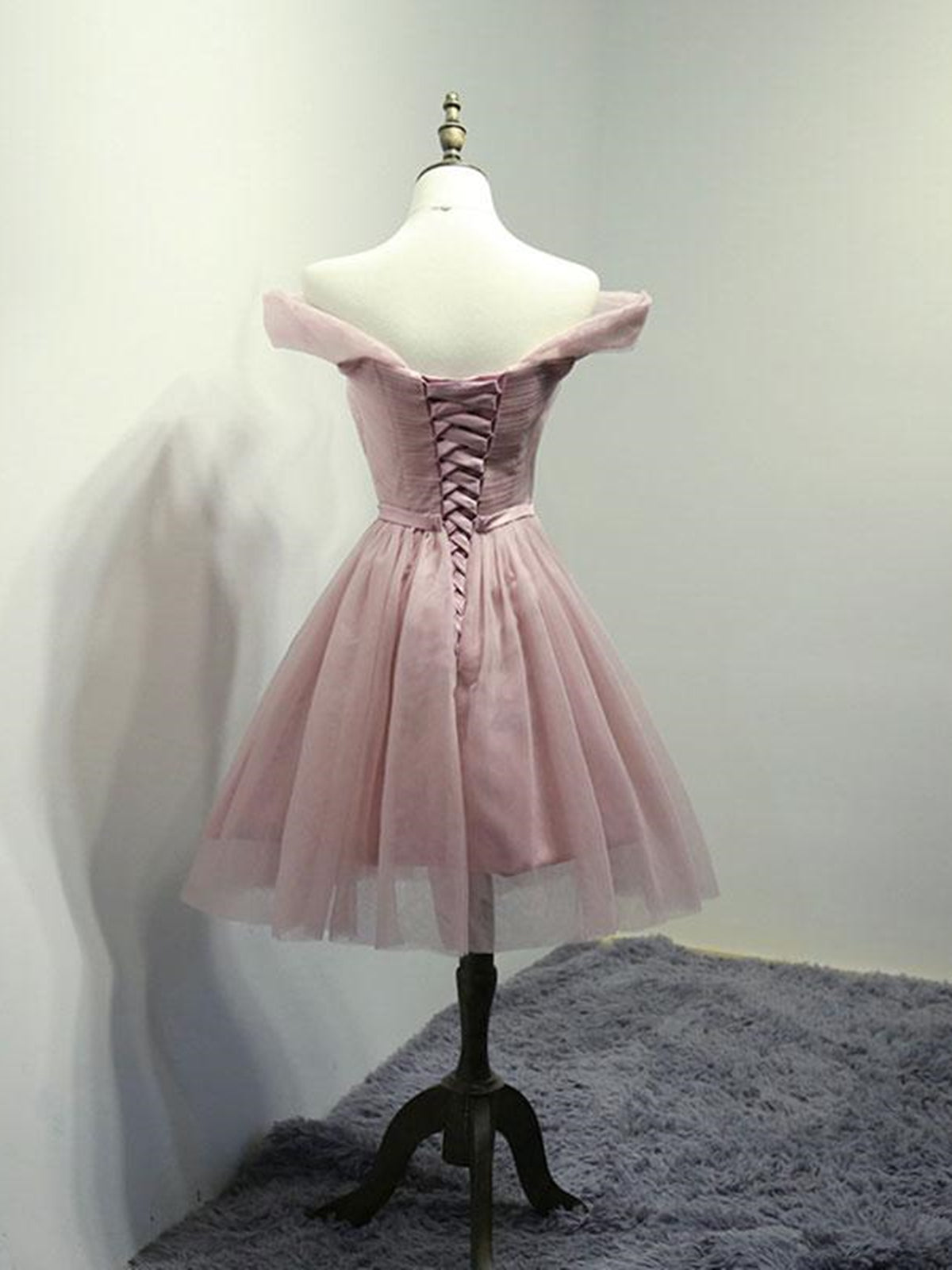 short pink prom dress Off the Shoulder Short Pink Tulle Prom Dresses, Short Pink Formal Bridesmaid Dresses, US 8 / Custom Color / No Rush