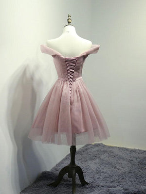 Off the Shoulder Short Pink Tulle Prom Dresses, Short Pink Formal Bridesmaid Dresses