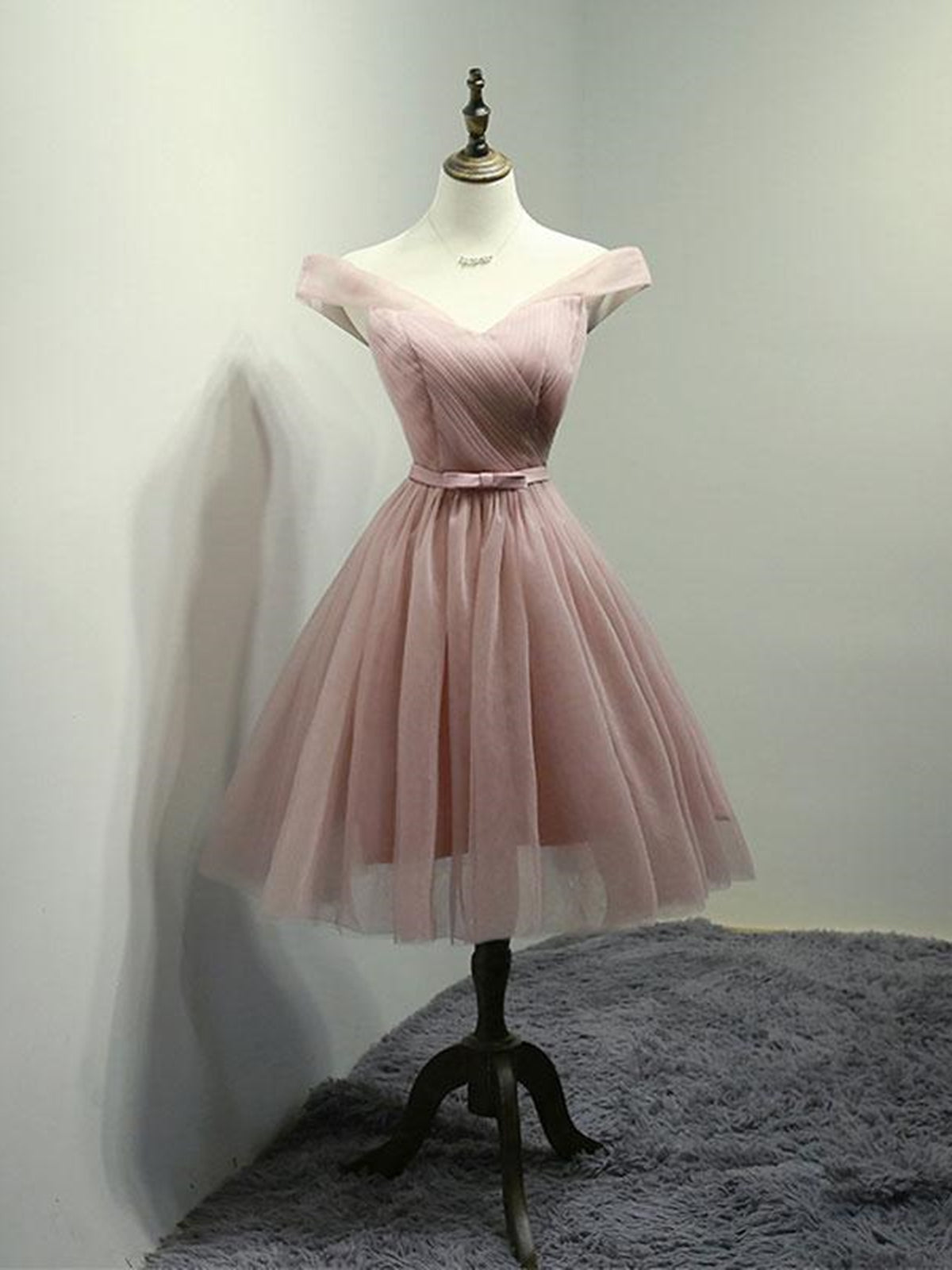 Formal Light Knee Length Pink Cocktail Dress Off The Shoulder Short Pink Tulle Prom Dresses, Short Formal Light Knee Length Pink Cocktail Dress Off The Shoulder Short Pink Tulle Prom Dresses, Short