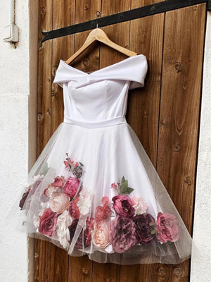 Off the Shoulder Short White 3D Floral Prom Dresses, Off Shoulder Short White 3D Floral Homecoming Dresses
