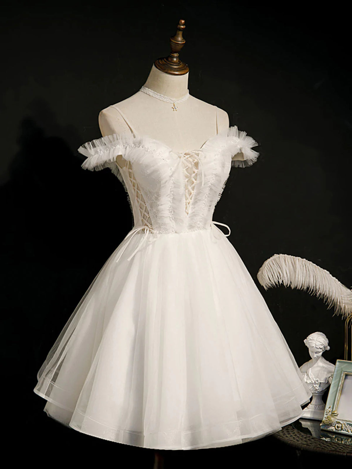Off the Shoulder Short White Lace Prom Dresses, Short White Lace Forma