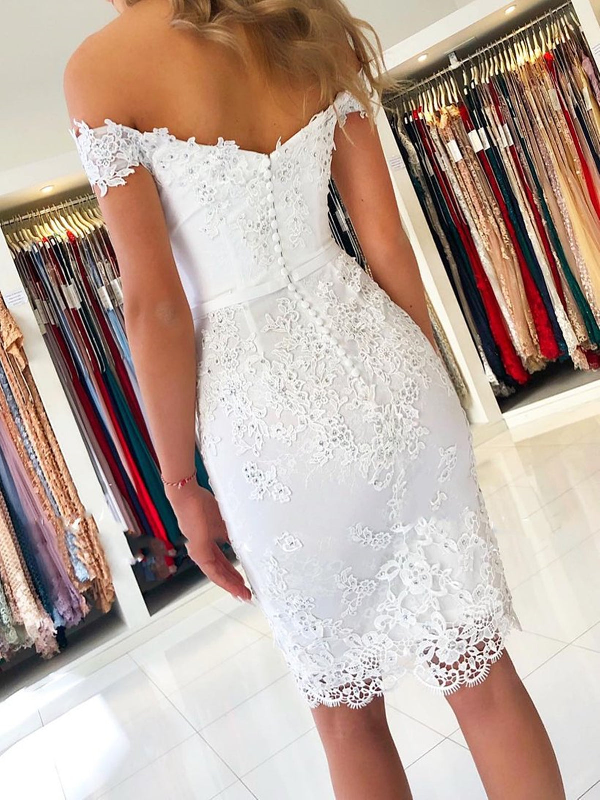 Off the Shoulder Short White Lace Prom Dresses, Short White Lace Graduation Homecoming Dresses, US 12 / Custom Color / No Rush Off the Shoulder Short White Lace Prom Dresses, Short White Lace Graduation Homecoming Dresses, US 12 / Custom Color / No Rush