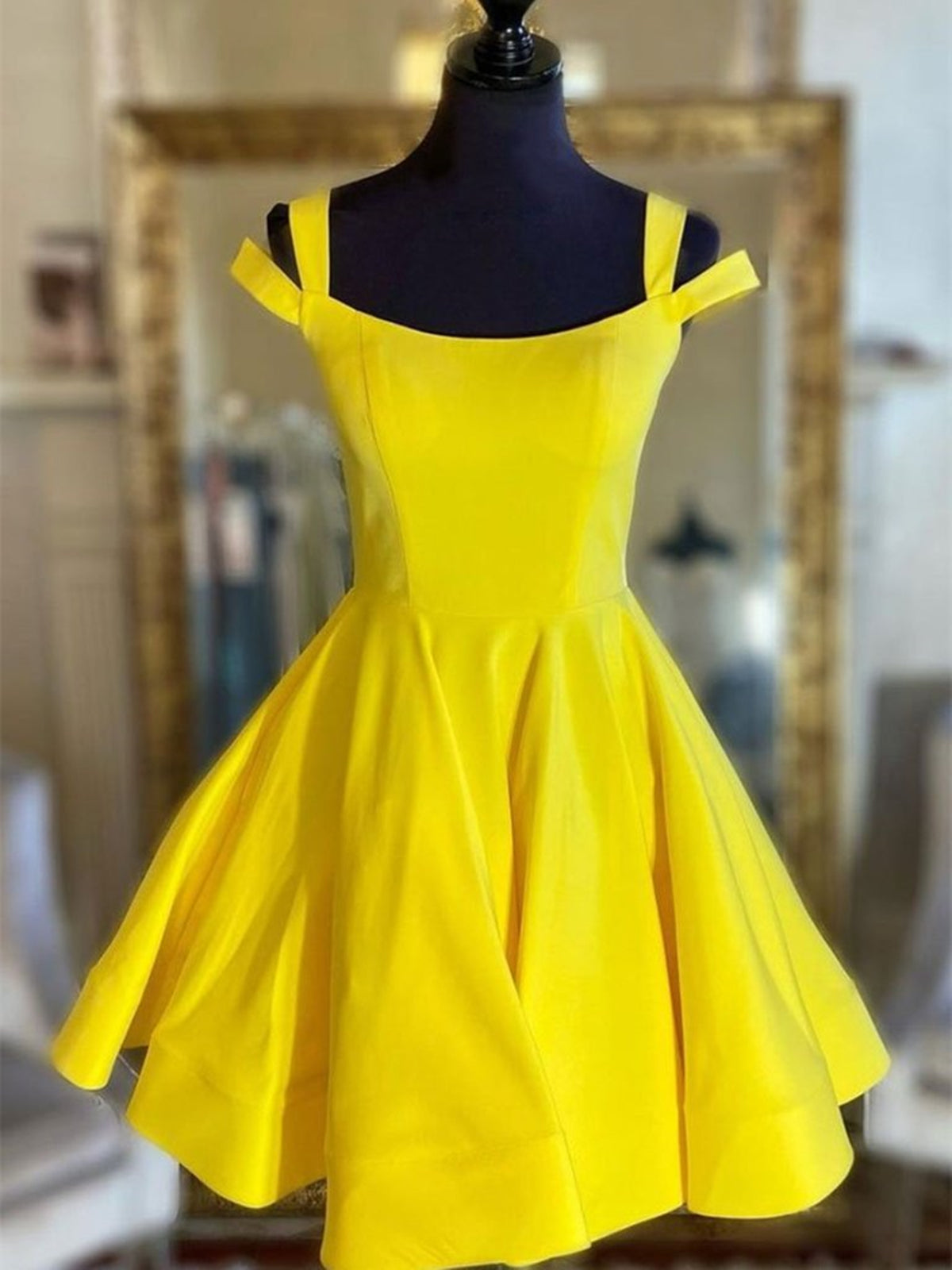 Off the Shoulder Short Yellow Satin Prom Dresses, Short Yellow Satin Formal Homecoming Dresses, US 6 / Custom Color / No Rush Off the Shoulder Short Yellow Satin Prom Dresses, Short Yellow Satin Formal Homecoming Dresses, US 6 / Custom Color / No Rush