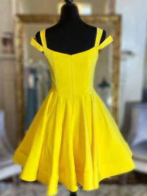Off the Shoulder Short Yellow Satin Prom Dresses, Short Yellow Satin Formal Homecoming Dresses
