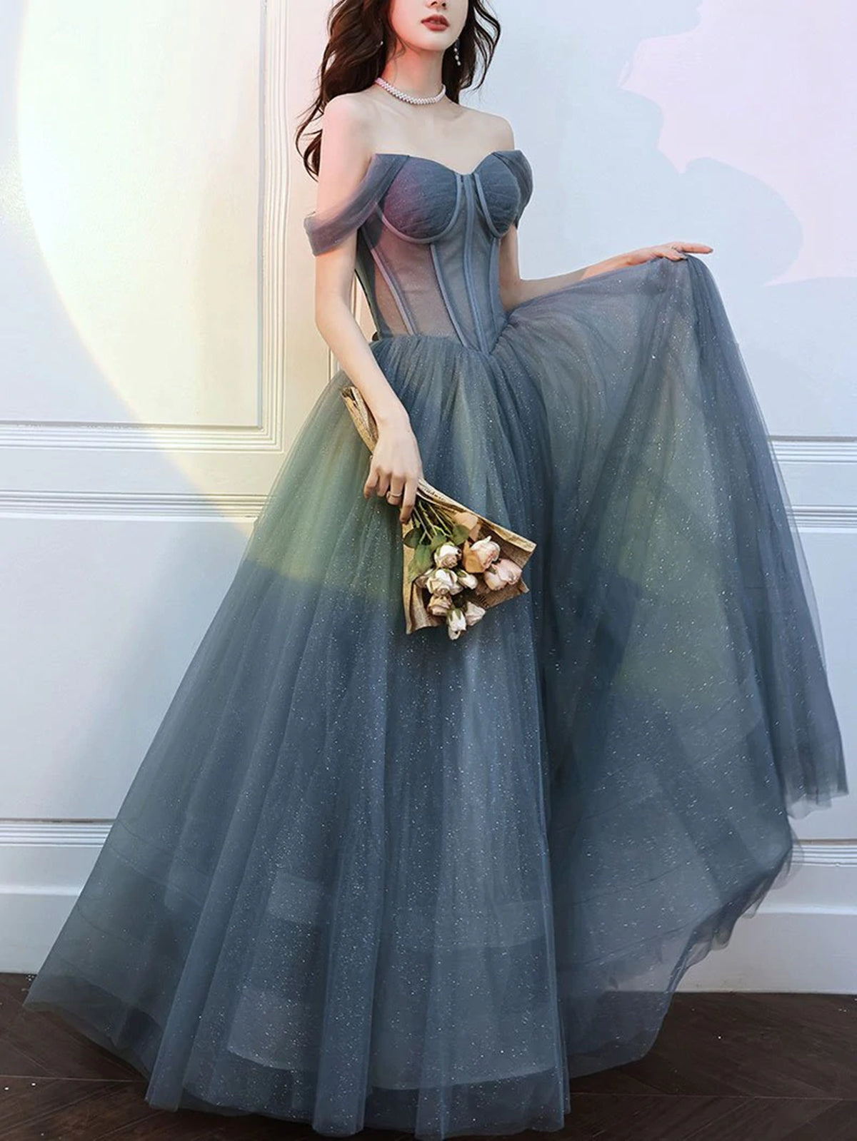 grey prom dresses Mermaid Silver Satin Appliques Long Evening Dresses, Halter MarryLover Neck and elegant Sweep Train Modest Grey Prom Dress 23301GR