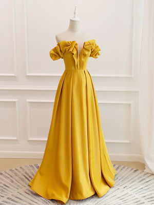 Off the Shoulder Yellow Burgundy Long Prom Dresses, Yellow Wine Red Long Satin Formal Evening Dresses
