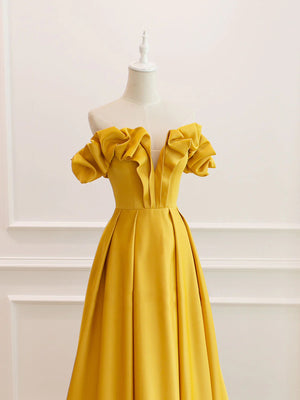 Off the Shoulder Yellow Burgundy Long Prom Dresses, Yellow Wine Red Long Satin Formal Evening Dresses