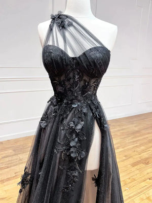 One Shoulder Black Lace Floral Long Prom Dresses, One Shoulder Black Lace Formal Evening Dresses