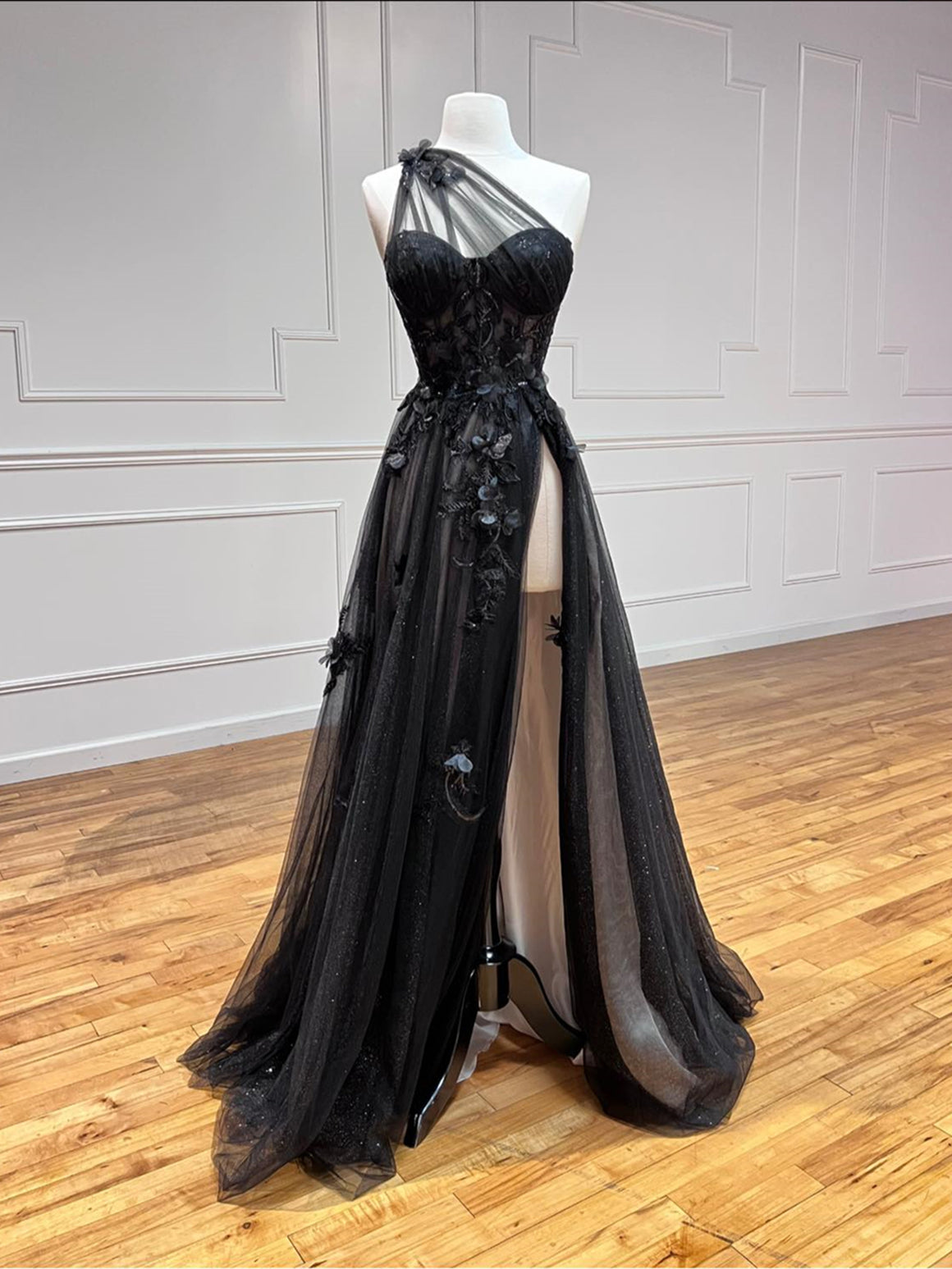 One Shoulder Black Lace Floral Long Prom Dresses, One Shoulder Black Lace Formal Evening Dresses