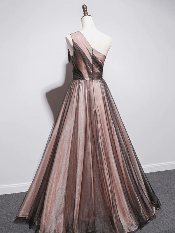 One Shoulder Brown Tulle Prom Dresses, Brown Tulle Formal Evening Dres