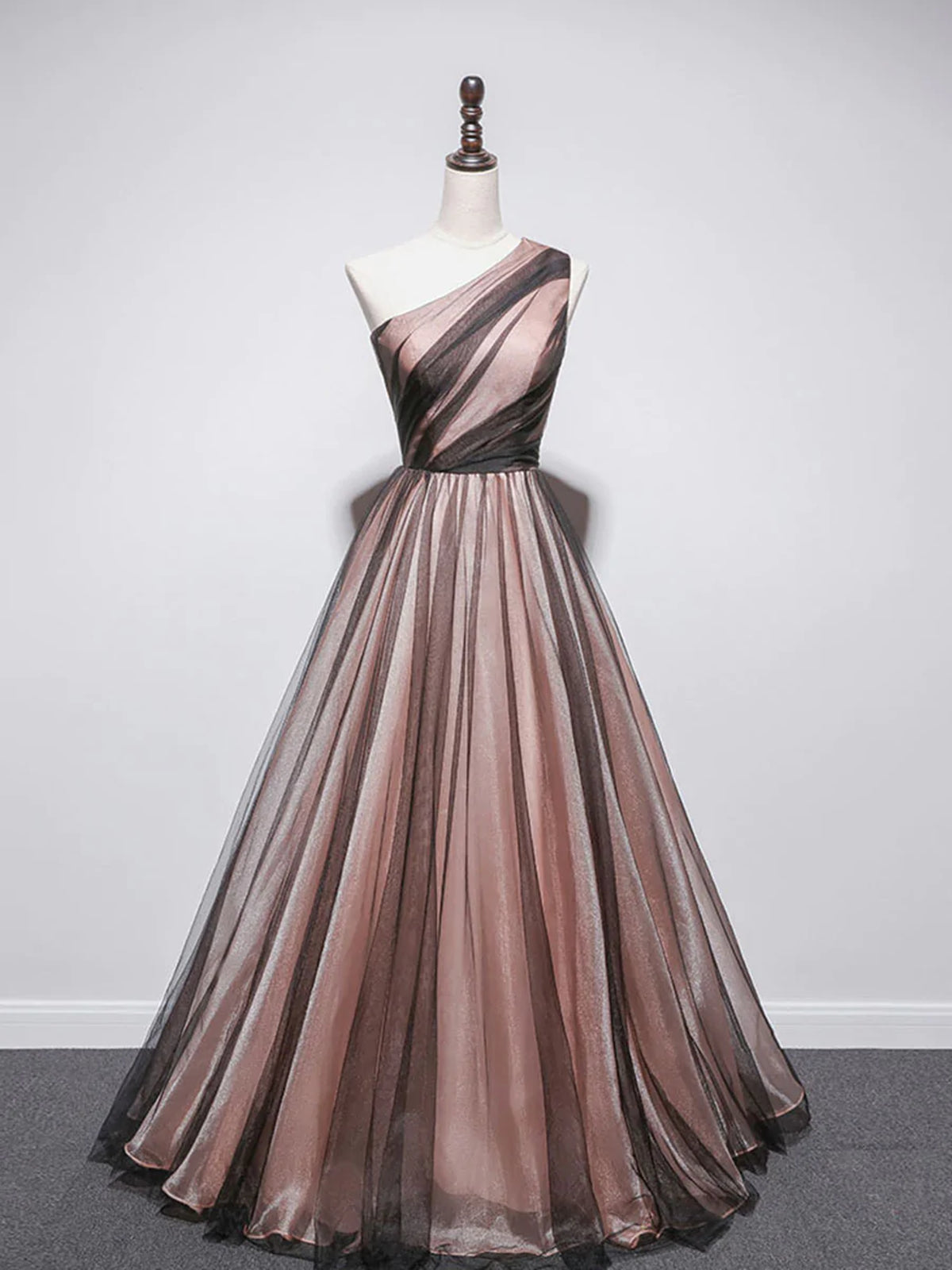 One Shoulder Brown Tulle Prom Dresses, Brown Tulle Formal Evening Dres
