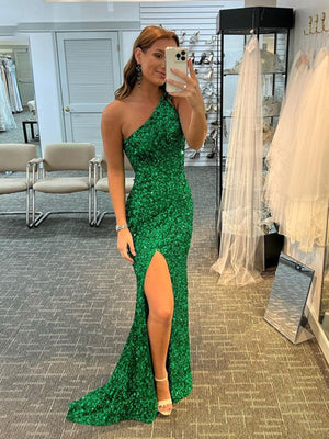 One Shoulder Green Long Prom Dress with Sequins, One Shoulder Green Lace Sequins Formal Graduation Dresses