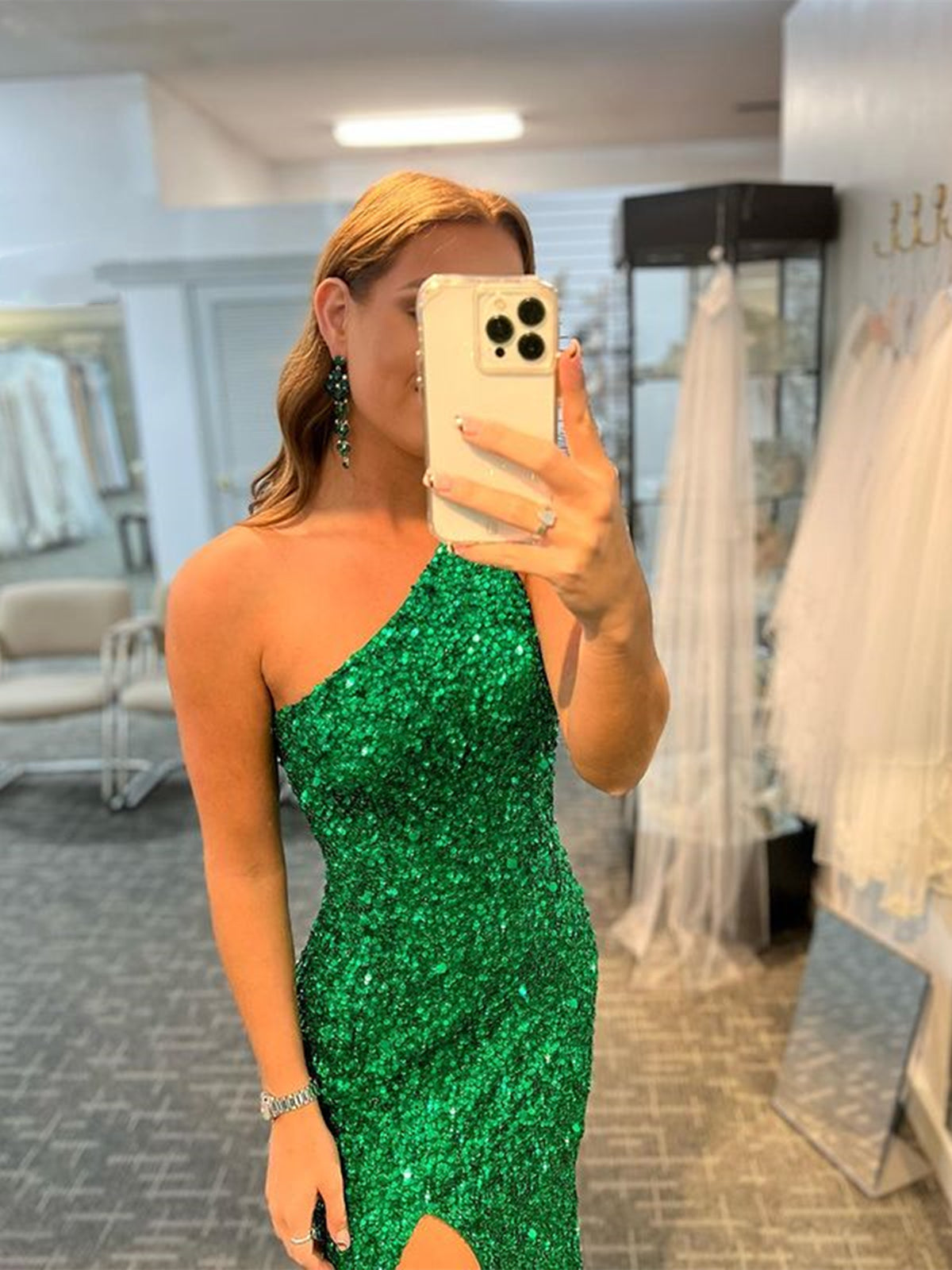 One Shoulder Green Sequins Mermaid Prom Dresses, Green Sequins Mermaid Formal Dresses, Custom Size / Green as Pics / No Rush