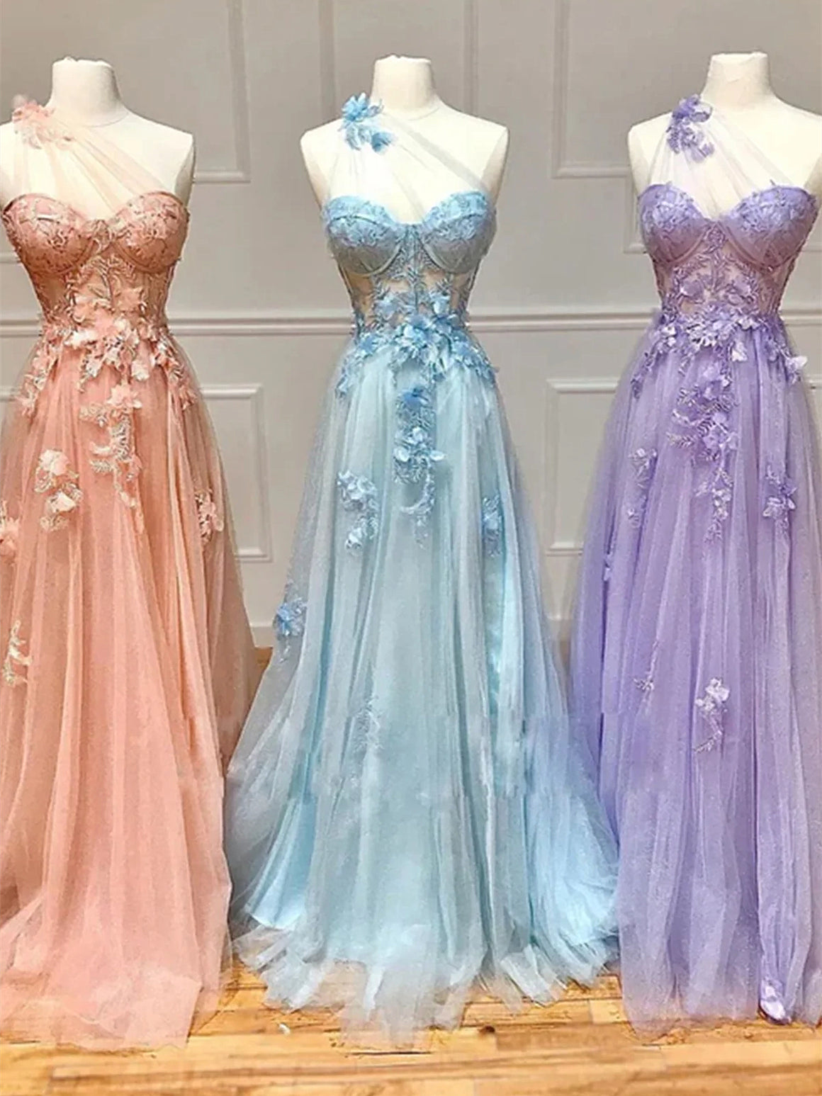 One Shoulder Pink/Blue/Purple Lace Floral Long Prom Dresses, Pink/Blue/Purple Formal Dress