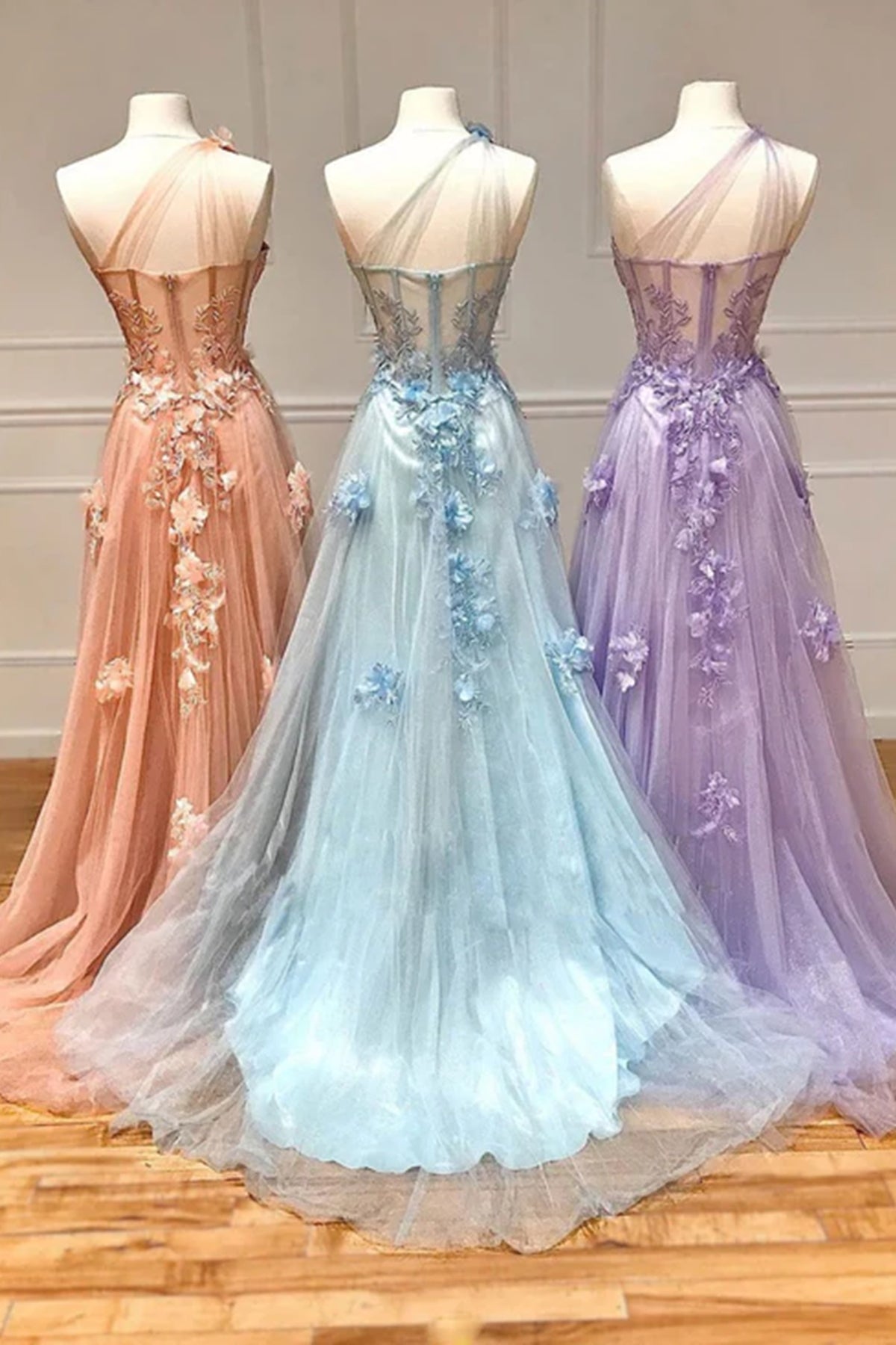One Shoulder Pink/Blue/Purple Lace Floral Long Prom Dresses, Pink/Blue/Purple Formal Dress, US 2 / Custom Color / No Rush One Shoulder Pink/Blue/Purple Lace Floral Long Prom Dresses, Pink/Blue/Purple Formal Dress, US 2 / Custom Color / No Rush