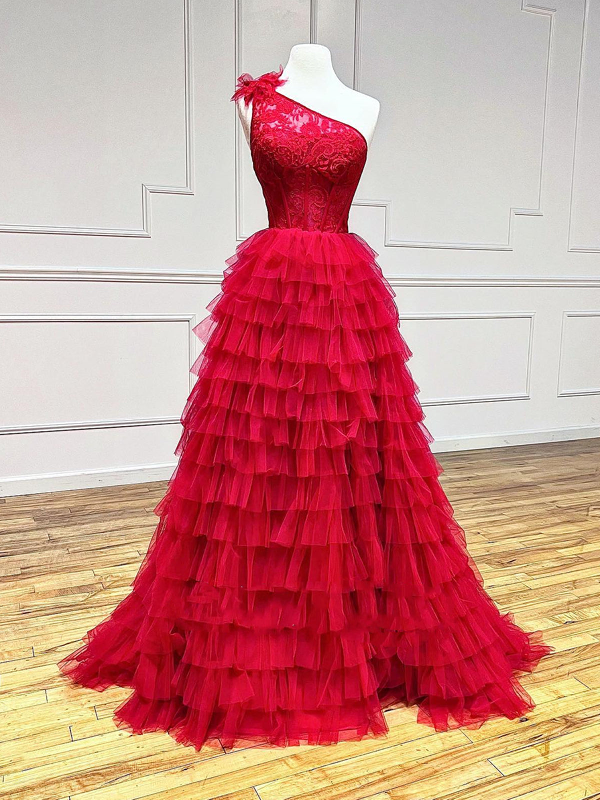 One Shoulder Red Lace High Low Prom Dresses, Red High Low Lace Formal Evening Dresses One Shoulder Red Lace High Low Prom Dresses, Red High Low Lace Formal Evening Dresses